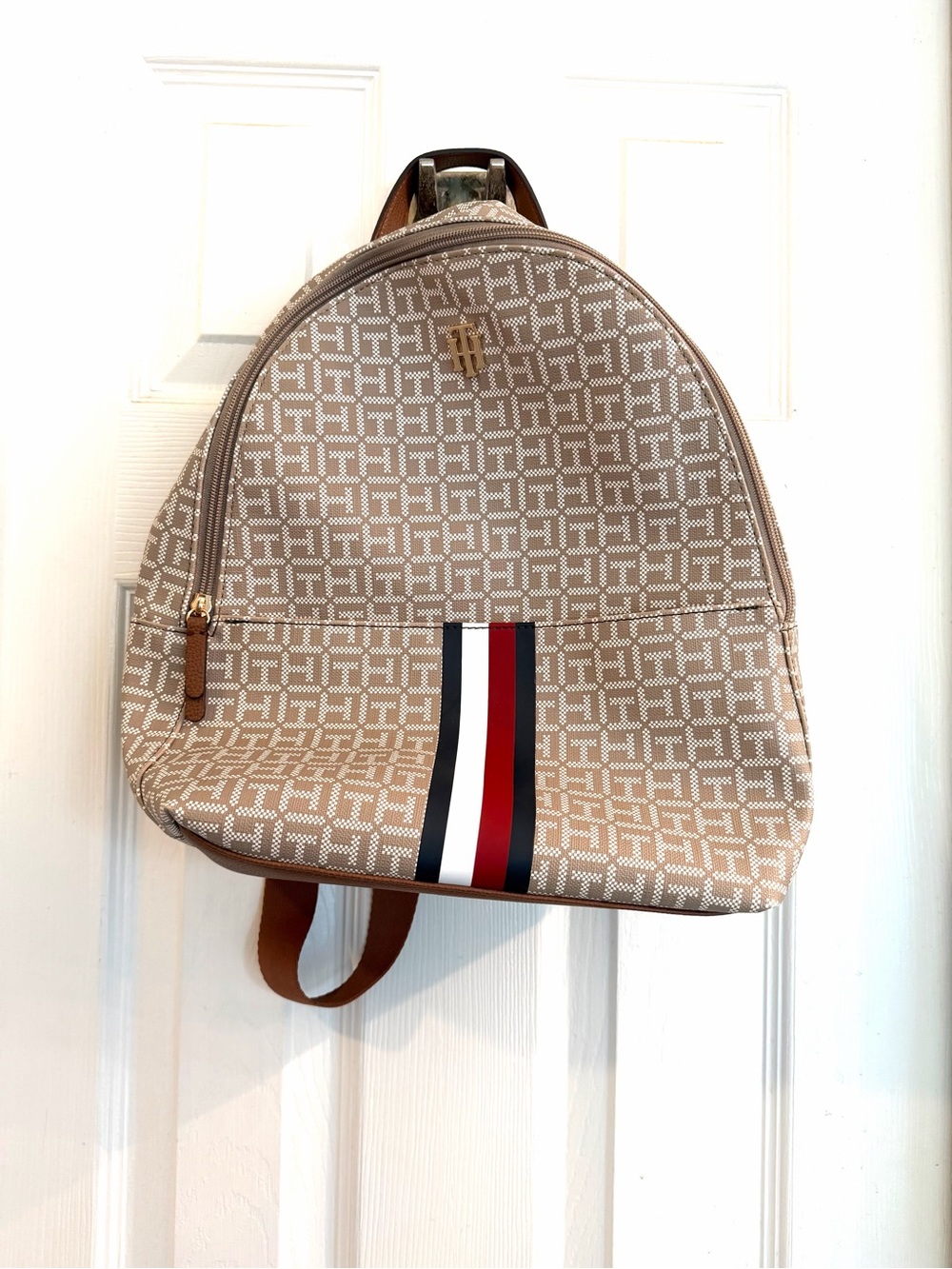 Tommy Hilfiger Beige Logo Backpack with Red, White & Blue Stripe